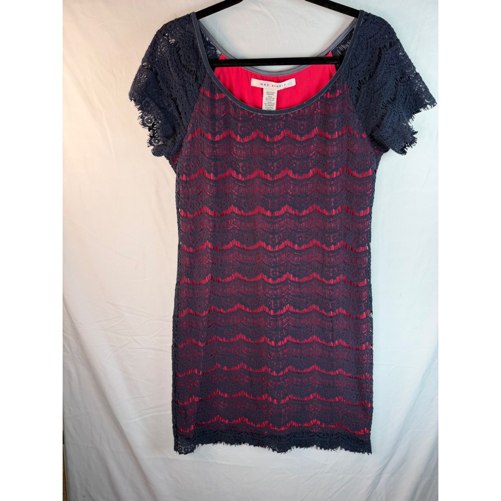 Max Studio Navy Blue Lace Red Lining Sheath Dress Short Sleeve‎  Sz S no Sz tag
